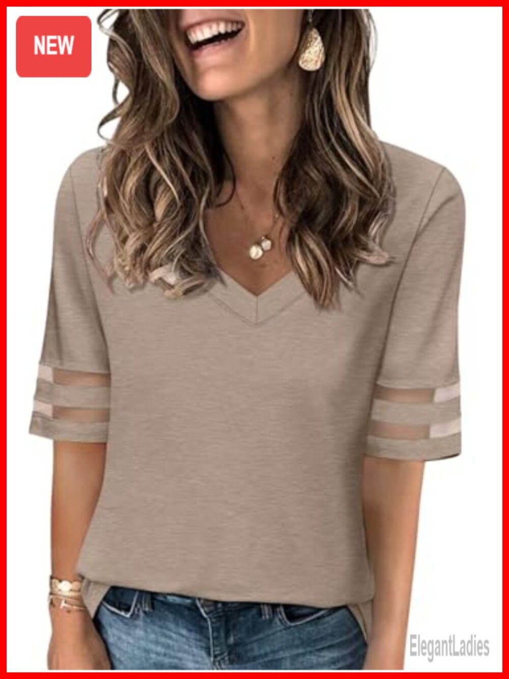 Women's Mesh Panel Half Sleeve V Neck T Shirt Casual Summer Tee